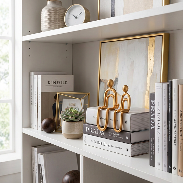Golden human figurines bookshelf dried flower