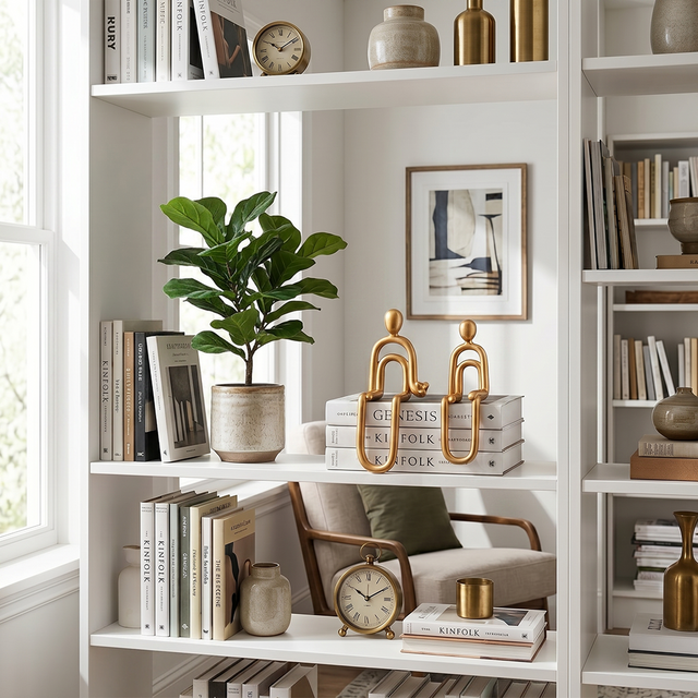 Golden human figurines bookshelf