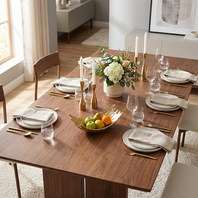 Golden splash bowl on dark wood dining table