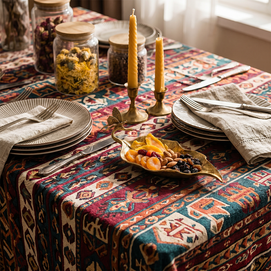Golden tray on colorful patterned dining table
