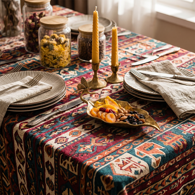Golden tray on colorful patterned dining table