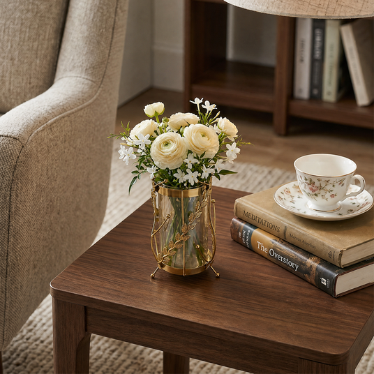 Golden vase on wooden side table