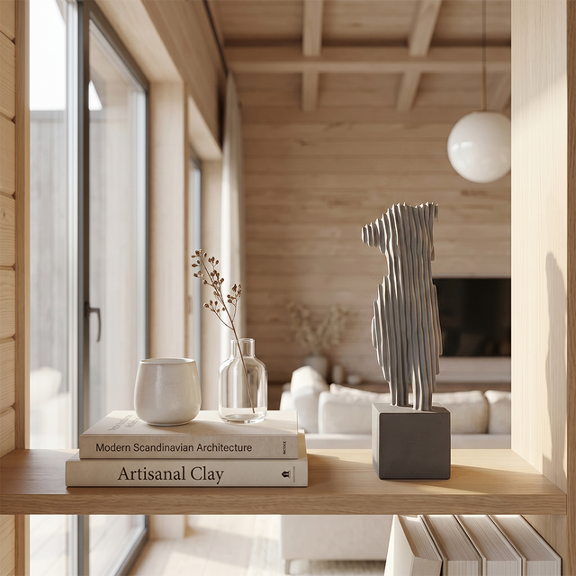 Gray torso figure on entryway shelf