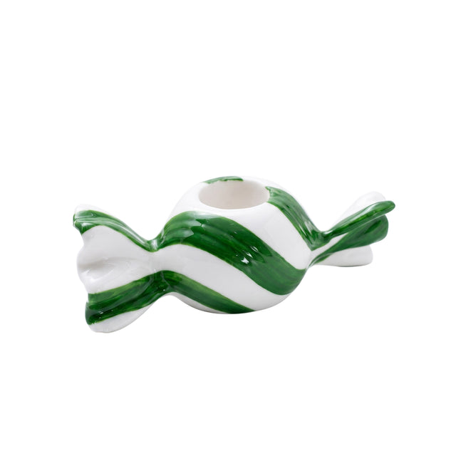 Green Striped Candy Shaped Ceramic Candle Holder