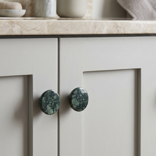 Natural Stone Cabinet Knobs Set of 2, Round Drawer Pulls for Kitchen Bathroom & Dresser, Dome Hardware with Brass-Threaded Insert
