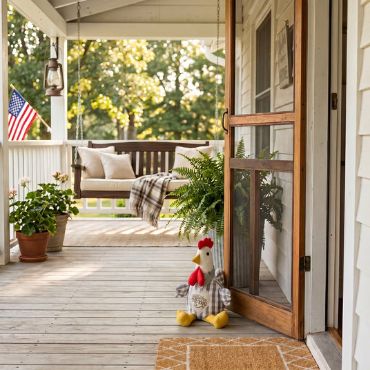Grey Gingham Rooster On Front Porch