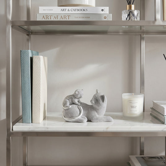 Grey cat figurine inside glass wall shelf
