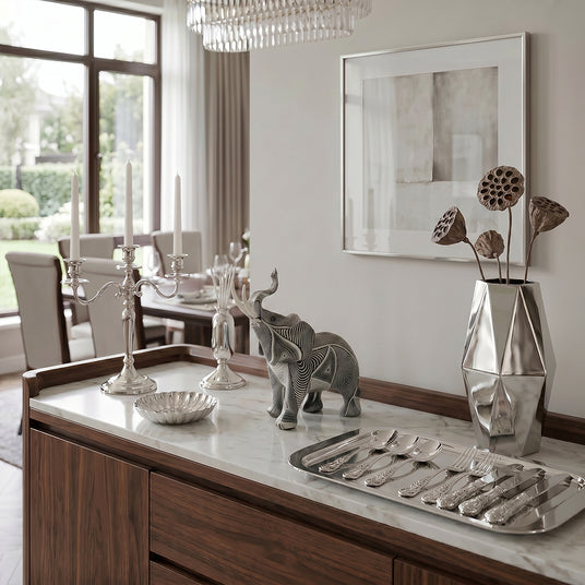 Grey elephant decor on kitchen island countertop