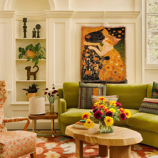 Gustav Klimt Style The Cat Kiss Decorative Tapestry with Fringe Above The Green Sofa 090936