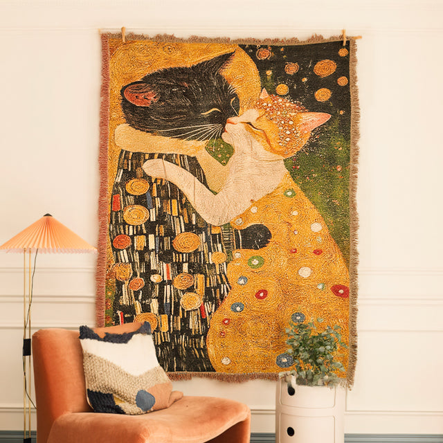 Gustav Klimt Style The Cat Kiss Decorative Tapestry with Fringe Above The Orange Sofa 090936