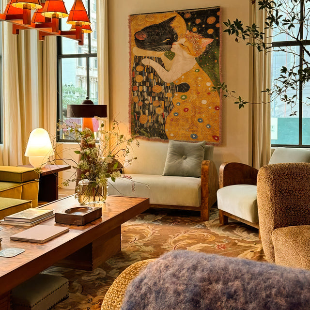 Gustav Klimt Style The Cat Kiss Decorative Tapestry with Fringe Above The White Sofa 090936