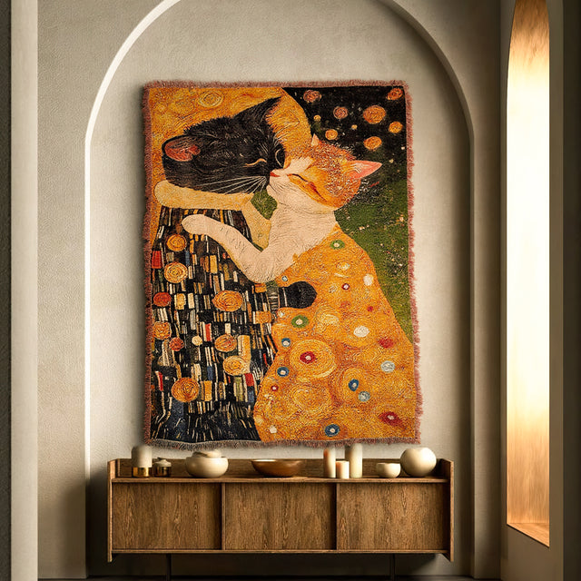 Gustav Klimt Style The Cat Kiss Decorative Tapestry with Fringe Above The Wooden Cabinet 090936
