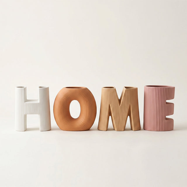 Set of 4 Ceramic HOME Letter Vase Set, Ribbed Textured Decorative Vases for Flowers and Plants, Boho Tabletop Decor for Shelf, Mantel, and Living Room