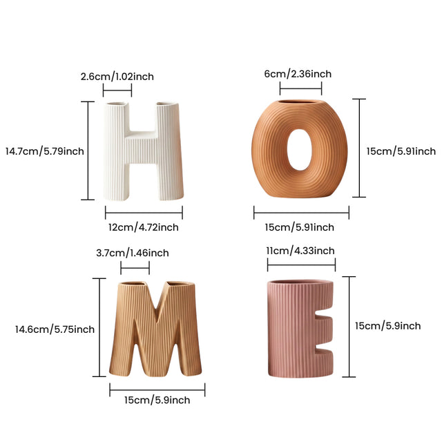 Set of 4 Ceramic HOME Letter Vase Set, Ribbed Textured Decorative Vases for Flowers and Plants, Boho Tabletop Decor for Shelf, Mantel, and Living Room