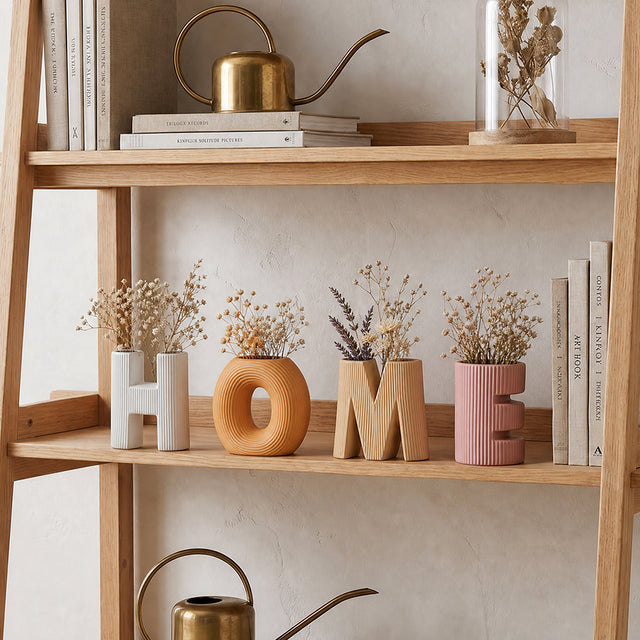 Set of 4 Ceramic HOME Letter Vase Set, Ribbed Textured Decorative Vases for Flowers and Plants, Boho Tabletop Decor for Shelf, Mantel, and Living Room