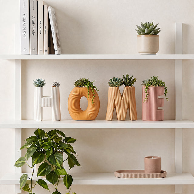 Set of 4 Ceramic HOME Letter Vase Set, Ribbed Textured Decorative Vases for Flowers and Plants, Boho Tabletop Decor for Shelf, Mantel, and Living Room