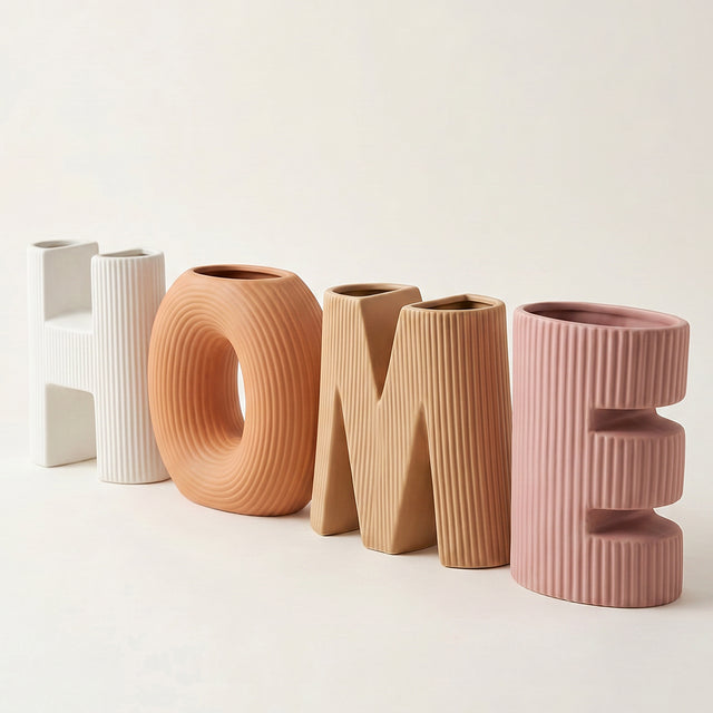 Set of 4 Ceramic HOME Letter Vase Set, Ribbed Textured Decorative Vases for Flowers and Plants, Boho Tabletop Decor for Shelf, Mantel, and Living Room
