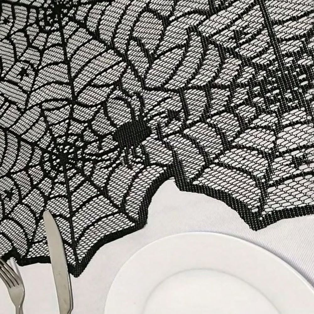 Halloween Black Lace Spider Web Hunted House Table Runner Details 2 081232