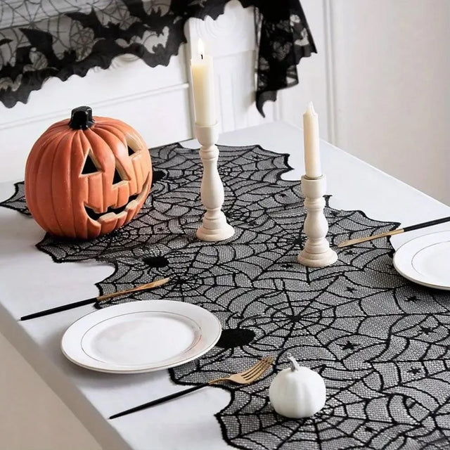 Halloween Black Lace Spider Web Hunted House Table Runner On The White Table 081232