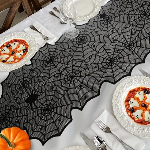 Halloween Black Lace Spider Web Hunted House Table Runner On The White Tablecloth 081232
