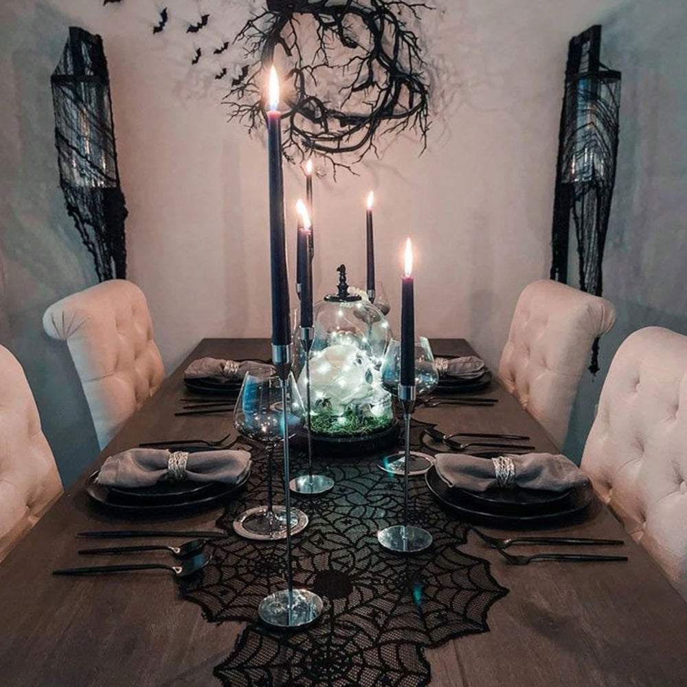 Halloween Black Lace Spider Web Hunted House Table Runner Under The Glasses And Candles 081232