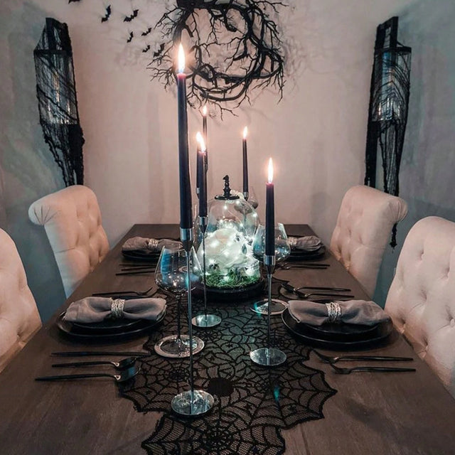 Halloween Black Lace Spider Web Hunted House Table Runner Under The Glasses And Candles 081232