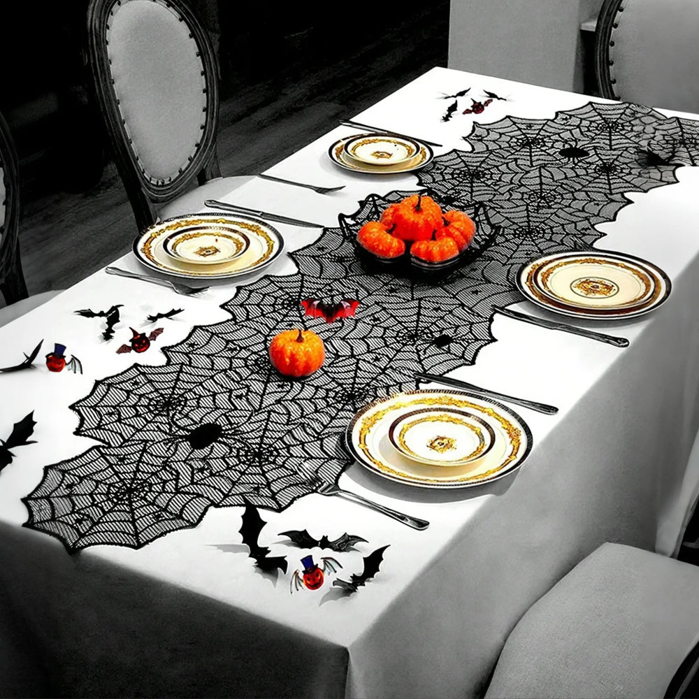 Halloween Black Lace Spider Web Hunted House Table Runner Under The Pumpkin Decoration 081232