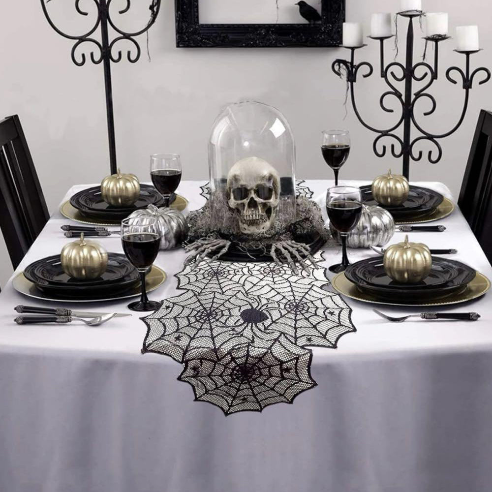 Halloween Black Lace Spider Web Hunted House Table Runner Under The Skull Decoration 081232