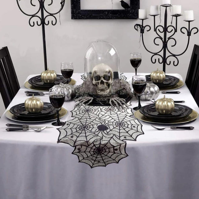 Halloween Black Lace Spider Web Hunted House Table Runner Under The Skull Decoration 081232