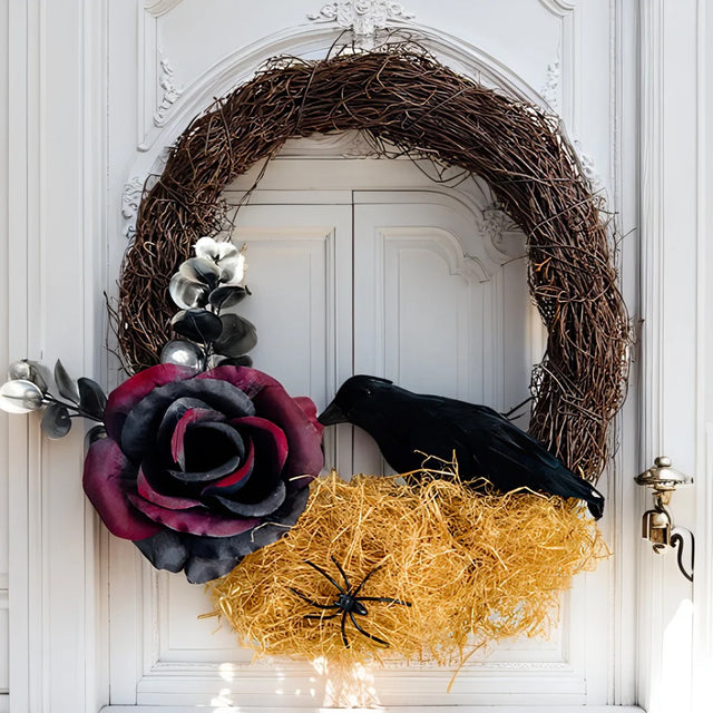 Halloween Rose Branches Crow Door Hanging Wreath Details 2