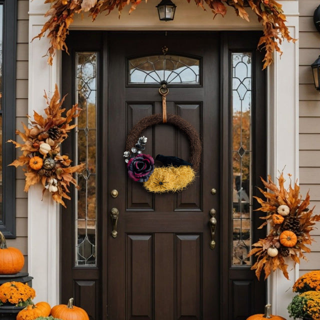 Halloween Rose Branches Crow Door Hanging Wreath On The Burlywood Door 080824