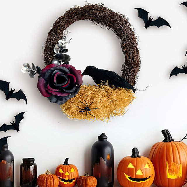 Halloween Rose Branches Crow Door Hanging Wreath On The Wall 080824