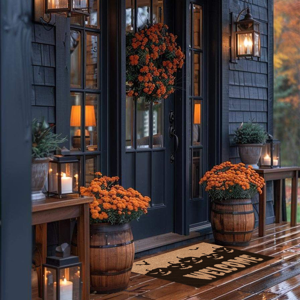 Halloween spooky welcome door mat in front of the door