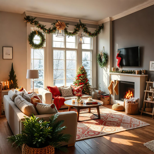 Hand Made Christmas Olive Branch Faux Wreath On The Floor to Ceiling Window 081342