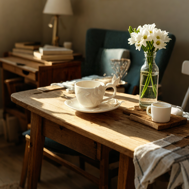 Handmade Ceramic Floral Teacup and Saucer Set on the table