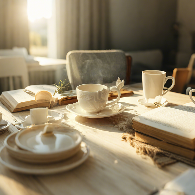 Handmade Ceramic Floral Teacup and Saucer Set on the table