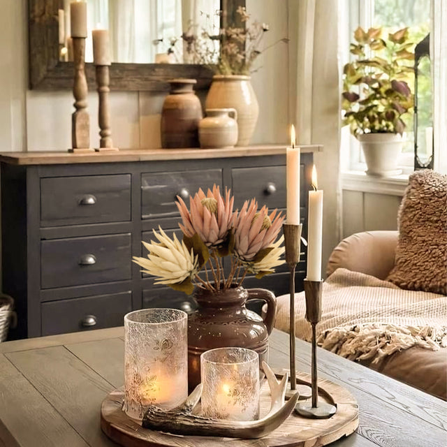 Handmade Decorative Faux Protea Cynaroides Flower Decor In The Brown Ceramic Vase 090942