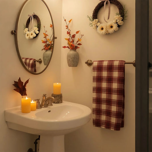 Handmade Vine Woven Flower Faux Wreath in Bathroom