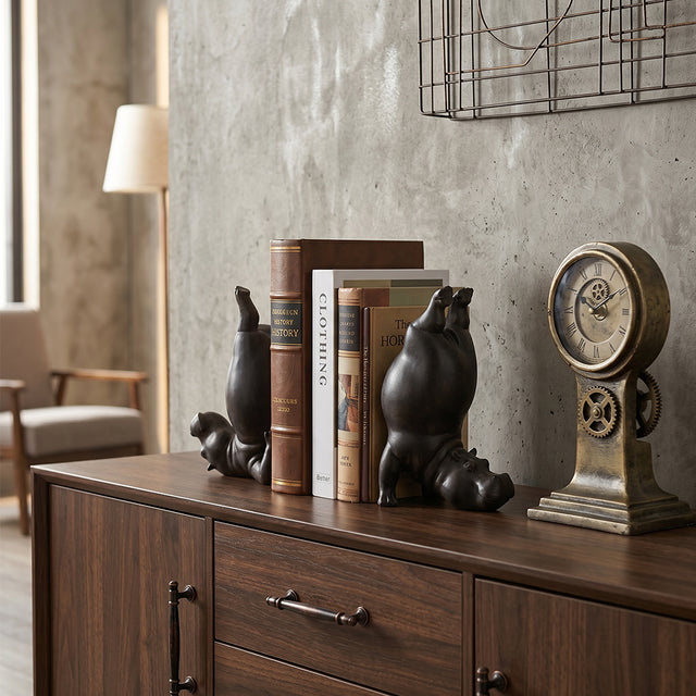 Hippo Bookends Set of 2, Quirky Resin Animal Sculpture Book Holders, Dark Bronze Matte Finish, Heavyweight Shelf Decor for Home Office, Living Room & Bookshelf