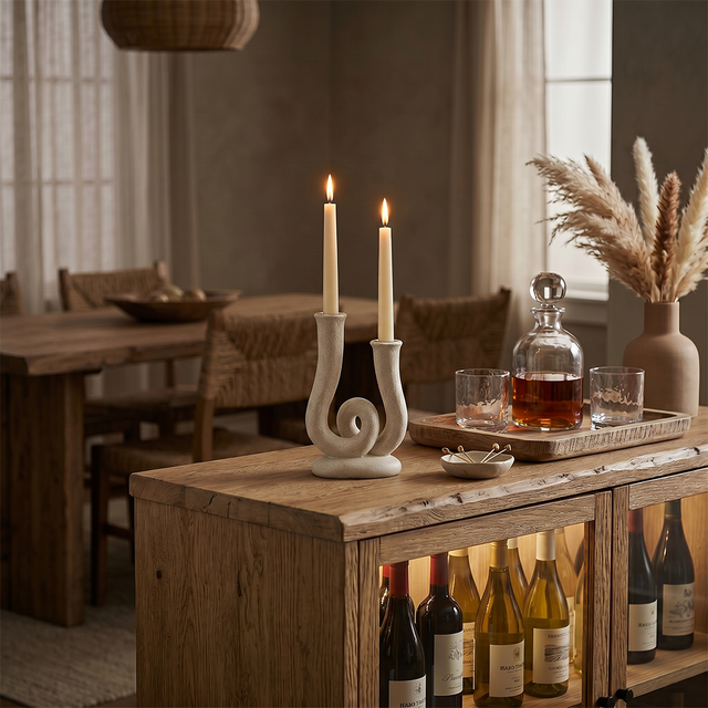 Knot Candle Holder On Wooden Bar Cabinet