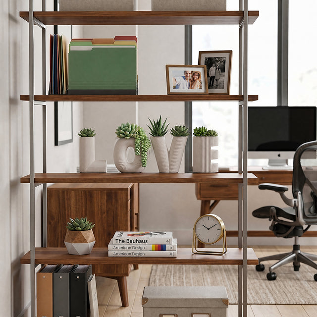 LOVE vases on office shelf with plants