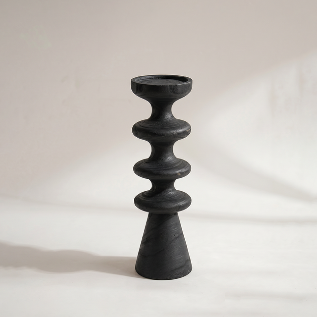 Black Pillar Candle Holder — Stacked Turned Solid Wood Candlestick, Modern Vintage Style Pillar Holder for Mantel, Dining Table & Console