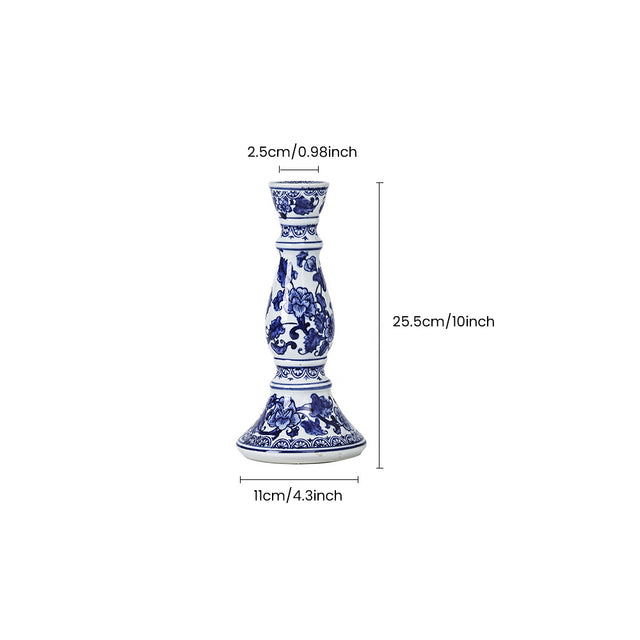 Blue & White Porcelain Taper Candlestick Holder — Traditional Floral Scroll Pattern, Chinoiserie Ceramic Candle Holder for Dining Table & Mantel