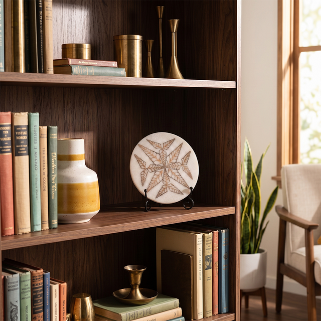 Leaf carving stone plate inside classic study bookshelf