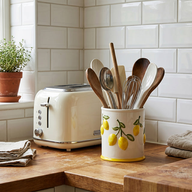 Embossed Lemon Ceramic Utensil Crock — White Kitchen Tool Holder with Raised Fruit Relief, 5.4" Opening / 6.3" Tall, Easy-Clean Glaze, Countertop Organizer for Spatulas, Spoons & Cooking Tools