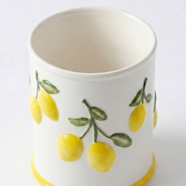 Embossed Lemon Ceramic Utensil Crock — White Kitchen Tool Holder with Raised Fruit Relief, 5.4" Opening / 6.3" Tall, Easy-Clean Glaze, Countertop Organizer for Spatulas, Spoons & Cooking Tools