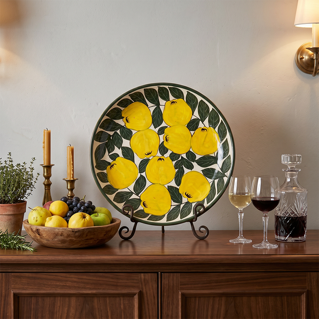 Hand-Painted Ceramic Decorative Plate — Large 14.8" Terracotta Charger with Lemon & Leaf Pattern, Glazed Wall Décor or Serving Platter