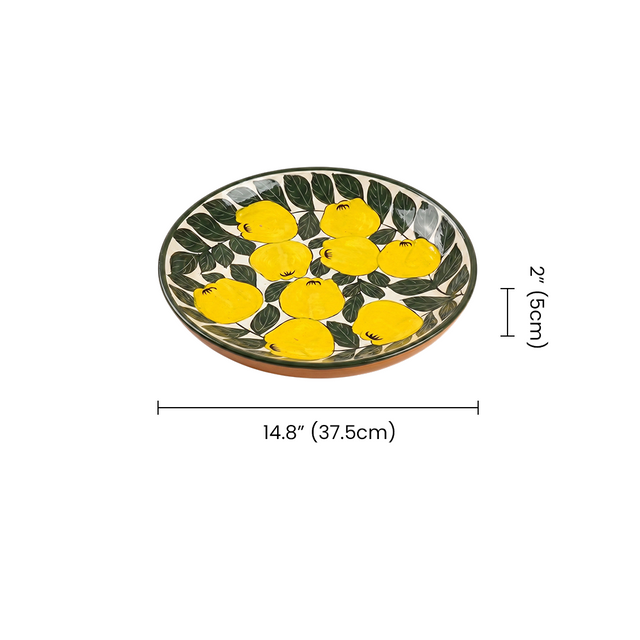 Hand-Painted Ceramic Decorative Plate — Large 14.8" Terracotta Charger with Lemon & Leaf Pattern, Glazed Wall Décor or Serving Platter