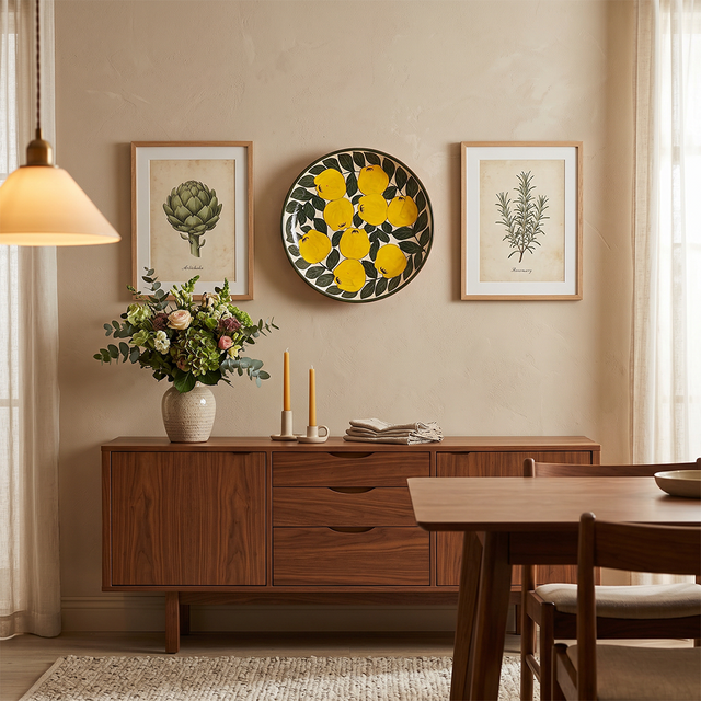 Hand-Painted Ceramic Decorative Plate — Large 14.8" Terracotta Charger with Lemon & Leaf Pattern, Glazed Wall Décor or Serving Platter