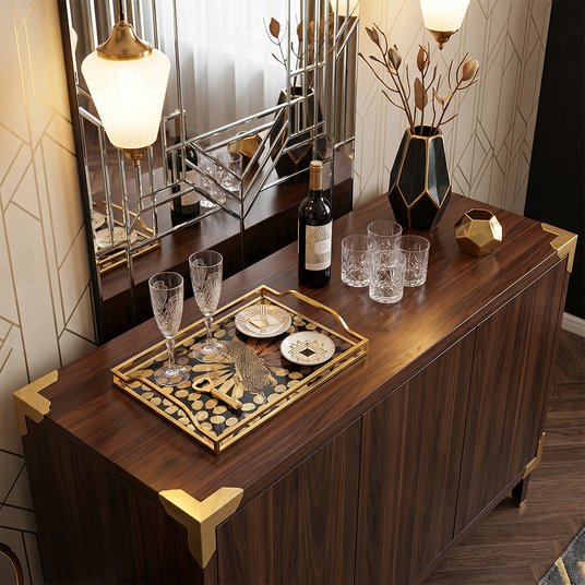 Leopard tray on wood side cabinet